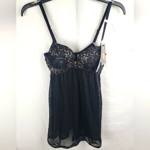 NWT Daisy Fuentes Elegant Black Lace Chemise W/thong Sz S
